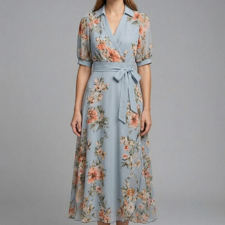 Damen Wickelkleid mit V-Ausschnitt und Taillenknoten