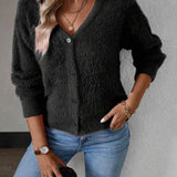 Marie | Damen Flauschiger V-Ausschnitt Strickjacke Cardigan mit Knopfleiste