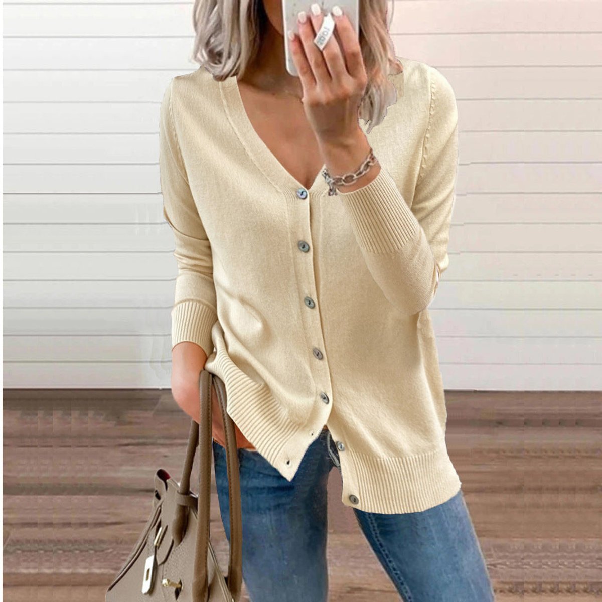Amelie | Damen V-Ausschnitt Strickjacke Langarm Cardigan mit Knöpfen
